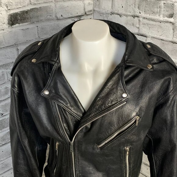 Vintage Black Leather Motorcycle Jacket Mens Biker Distressed Moto Coat - Picture 2 of 16